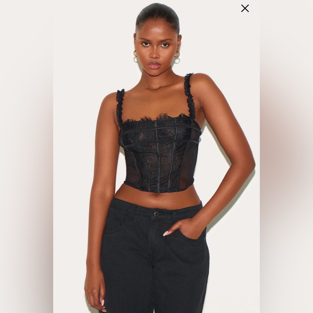 PRETTYLITTLETHINGโ Black Mesh Lace Panel Curve Hem Whimsigoth Sexy Corset Size 6